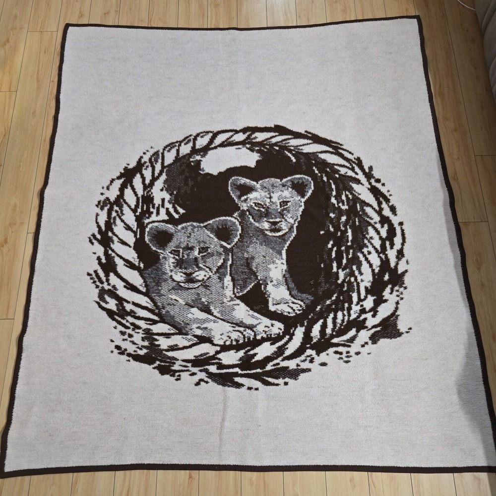 Vintage Tekstilana Kocevje Lion Cubs Blanket 59”‎ x 79” Brown Made in Yugoslavia